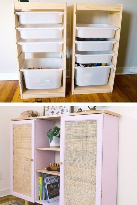 Ikea Toy Storage Cabinets, Trofast Toy Storage Ideas, Ikea Trofast Ideas, Trofast Toy Storage, Toy Storage Ikea, Ikea Kids Furniture, Pink Cabinet, Trofast Ikea, Ikea Hack Kids