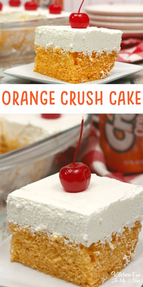 Orange Crush Cake - This dessert is made with Orange Crush soda and it's one of our favorite easy treats to make! #orange #cake #dessert #food #yummy #orangecrush Cakes Made With Soda Pop, Orange Crush Pound Cake, Cakes Made With Soda, Diet Soda Cake, Orange Crush Recipe, Orange Dreamsicle Cake Recipe, Orange Crush Cake, Soda Pop Cake, Soda Cake Recipe