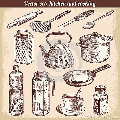 Cooking Logo, Kitchen Objects, Cooking Quotes, Cooking Photography, Moms Cooking, Etiquette Vintage, Engraving Illustration, Object Drawing, Cooking Set