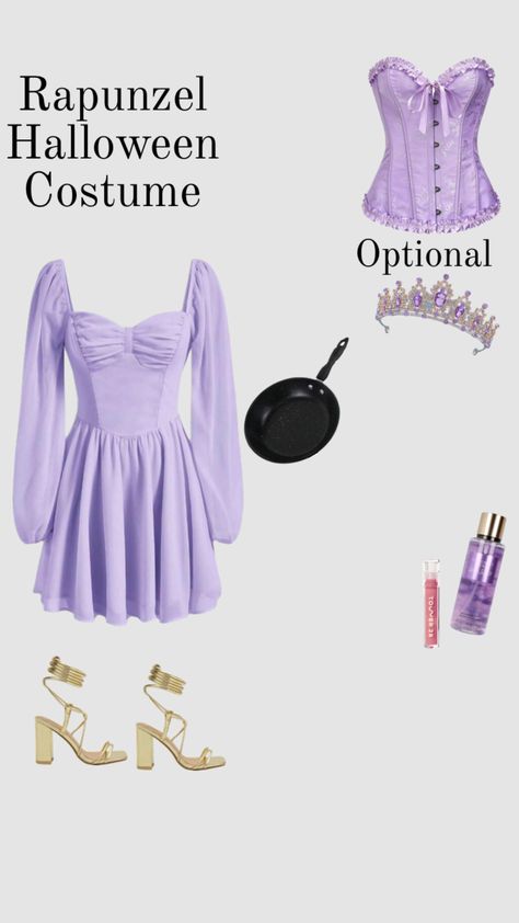 Rapunzel costume! dress, corset, heels and crown all from shein! #outfitinspo #halloweencostumrideas #halloween #rapunzel #tangled #disneyprincess #inspo #fit #costumes Cute Repunzel Costumes, Rapunzel Costume Teenage, Repunzal Tangled Halloween Costume, Purple Princess Costume, Simple Rapunzel Costume, Rapunzel Aesthetic Costume, Rapenzul Costume, Belle And Rapunzel Costume, Easy Rapunzel Costume