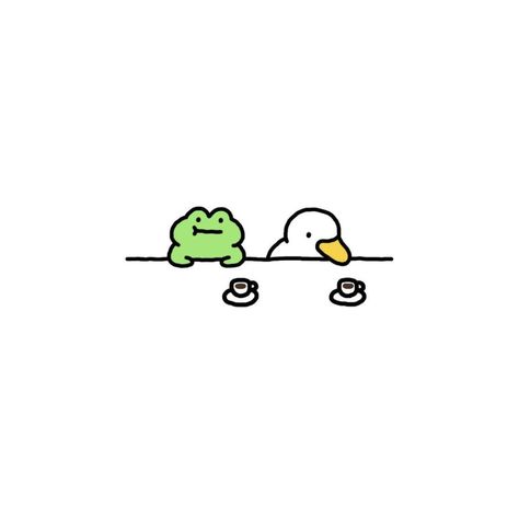 Frog Cute Doodle, Mini Frog Drawing, Cute Frog Doodles Aesthetic, Duck Doodles Cute, Duck Doodle Cute Easy, Cute Animal Friends Drawing, Art Coffee Drawing, Duck And Frog Wallpaper, Cute Doodles Frog