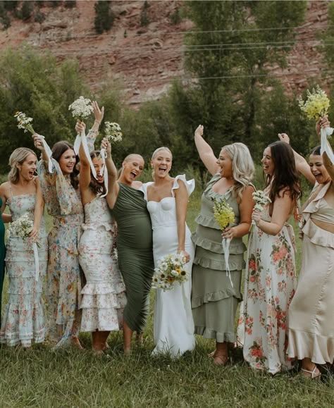 Pattern And Solid Bridesmaid Dresses, Multi Patterned Bridesmaid Dresses, Sage Mismatched Bridesmaids, Neutral Spring Bridesmaid Dresses, Moss And Blush Bridesmaid Dresses, Brides Maids Dresses Floral, Bridal Party Color Palette, Mixed Texture Bridesmaid Dresses, Different Greens Bridesmaids