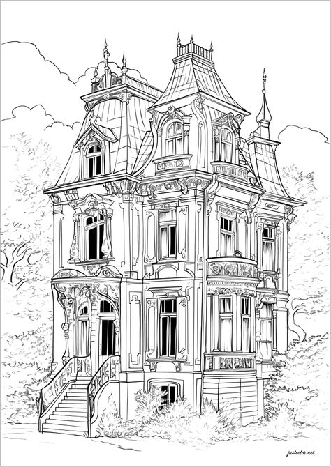 Gloomy house - JustColor.net : Free printable coloring pages for adults and kids Mansion Drawing Easy, I Spy Spooky Mansion, Gloomy House, Scary Halloween Drawings, Mansion Drawing, Halloweentown Coloring Pages, Mansion Coloring Pages, Cozy Coloring Pages Halloween, Haunted House Coloring Pages For Adults