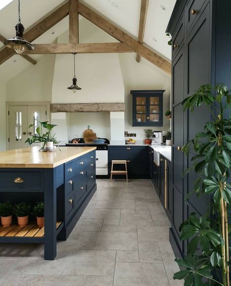 Kitchen Vaulted Ceiling, Timeless Kitchen Ideas, Vaulted Kitchen, White Upper Cabinets, Vaulted Ceiling Kitchen, Ceiling Kitchen, Navy Kitchen, Devol Kitchens, Timeless Kitchen