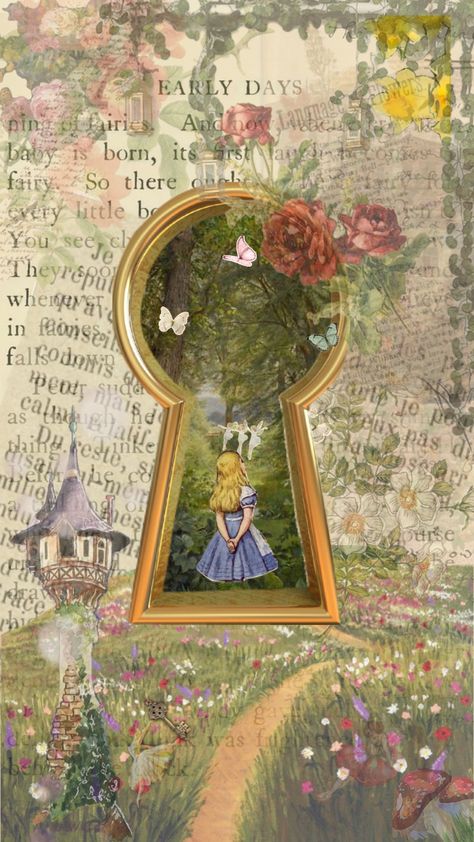 #cottagecore #aesthetic #adventure Storybook Aesthetic, Alice In Wonderland Background, Alice In Wonderland Paintings, Quirky Wallpaper, Aesthetic Adventure, Book Cover Art Diy, Book Cover Art Design, Cottagecore Wallpaper, Alice In Wonderland Vintage