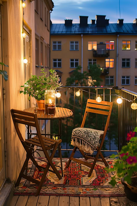 A small apartment balcony with a cozy seating nook featuring a round table and two chairs, adorned with potted plants and string lights. The balcony offers a picturesque view of a tree-lined street and neighboring buildings at sunset, creating a warm and inviting atmosphere. Flat With Balcony, Diy Apartment Balcony Ideas, Diy Home Aesthetic, Little House Decorating Ideas, Tiny Apartment Balcony Ideas, Uncovered Balcony Ideas, Small Balcony Ideas On A Budget, Room With Balcony Bedrooms, Apartment Deck Ideas Balconies