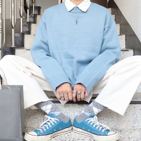 Soft Blue Outfit Men, Pastel Blue Outfit Men, Light Blue Mens Outfit, Blue Aesthetic Outfit Men, Korean Soft Boy Outfit, Dark Blue Outfit Men, Blue Male Outfit, Light Blue Outfit Men, Soft Boy Outfits Pastel