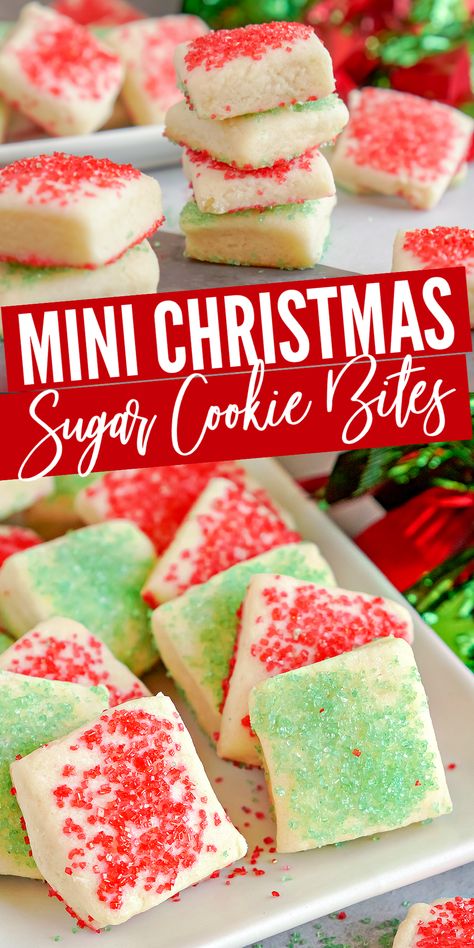 Christmas Mini Sugar Cookie Bites! Easy Cookie Recipe for Christmas or to leave for Santa! These cutout cookies are easy to make and fun for a crowd! #lemonpeony #mini #sugarcookies #cutoutcookies #christmascookies Sugar Cookie Bites Recipe, Christmas Sugar Cookie Bites, Mini Sugar Cookies Decorated, Mini Christmas Sugar Cookies, Easy Cookies For A Crowd, Mini Christmas Sugar Cookies Decorated, Mini Brownie Bites Christmas, Christmas Shortbread Cookie Bites 4 Ingredients, Easy Santa Cookies For Kids