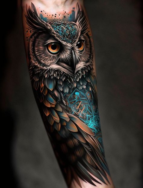 Animal Cover Up Tattoo, Owl Eyes Tattoo Design, Owl Tattoo Men, Owl Forearm Tattoo, Owl Eye Tattoo, Mens Owl Tattoo, Realistic Owl Tattoo, Owl Tattoo Sleeve, Owl Tattoo Drawings