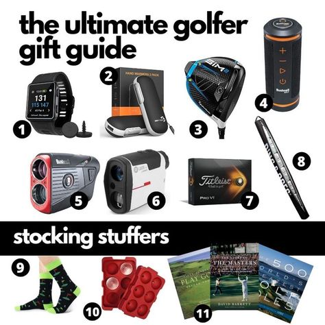 A collage of gift ideas for golfers. Gifts For Golfers Men, Gift Ideas For Your Boyfriend, List Of Gift Ideas, Ideas For Your Boyfriend, Stocking Stuffers For Men, Gifts For Golfers, Happy A, Tiger Woods, New Drivers