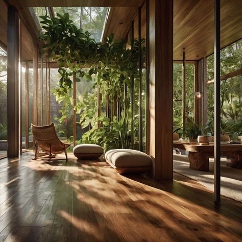 Minimalist Nature Bedroom, Naturalistic Interior Design, Earthy Futuristic, Modern Window Seat, Bali Architecture, Earthy Design, Outside Nature, Conservatory Design, Window Seat Design