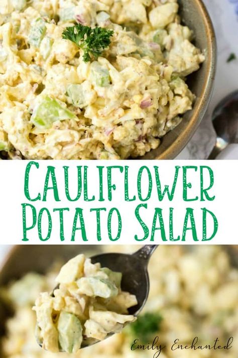 Cauliflower Potato Salad Recipe Cauliflower Potato Salad, Salad Low Carb, Tasty Cauliflower, Cauliflower Side Dish, Low Carb Potatoes, Cauliflower Potatoes Salad, Weight Watcher Desserts, Keto Side, Creamy Dressing