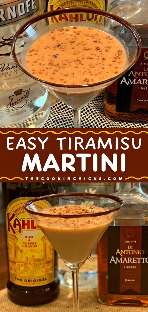 Look forward to this cocktail to make at home! It's also a fun alcoholic drink for a party. With the flavors of coffee, chocolate, and vanilla, this tiramisu martini recipe is so tasty! Indulge in this dessert martini today! Cannoli Martini Recipe, Tiramisu Cocktail Recipe, Mi Tia Drink Recipe, Tiramisu Martini Recipe, Unique Martini Recipes, Cannoli Martini, Tiramisu Cocktail, Easy Christmas Cocktail, Dessert Martini