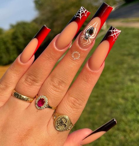 Bougie Halloween Nails, Halloween Theme Nails Acrylic, Xl Halloween Nails, Nail Inspo Acrylic Coffin, Hot Halloween Nails, Black And Red Halloween Nail Designs, Holloween Nails Designs, Red Halloween Nails Acrylic, Boujee Acrylic Nails