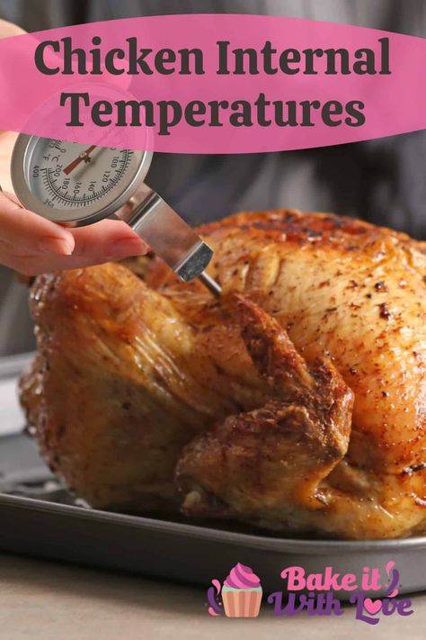 The ideal chicken internal temperatures are in place so you can safely enjoy your favorite chicken recipes! No one wants undercooked chicken just as much as no one wants overcooked chicken. Skip the guessing game and learn how to test your chicken's internal temperature so you can dig-in without worry! BakeItWithLove.com #bakeitwithlove #chicken #temperature #cooking #tips #CDC #foodsafety Temperature Of Cooked Chicken, Cooked Chicken Temperature, Favorite Chicken Recipes, Chicken Temperature, Way To Cook Chicken, Grilled Chicken Drumsticks, Undercooked Chicken, Whole Baked Chicken, Ways To Cook Chicken