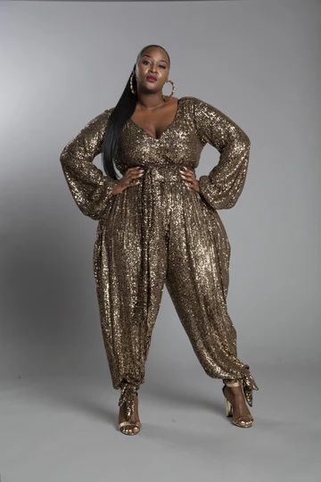 Jumpsuits – Jibri Online Sequin Jumpsuit Outfit, Jump Suites, Classic Edgy Outfits, Curvy Wardrobe, Singer Outfits, Edgy Bride, Gold Sequin Jumpsuit, Boubou Styles, Disco Look