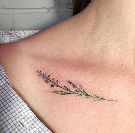 Plant Colar Bone Tattoo, Lilac Collar Bone Tattoo, Lavender Tattoo Sternum, Collar Bone Tattoo Lavender, Lavender Tattoo Collar Bone, Lavender Rib Tattoo, Lavender Sternum Tattoo, Coller Bone Tattoos Women, Vervain Tattoo