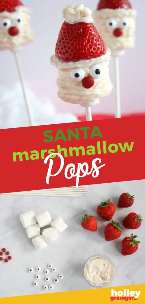 Kick off the season by making these adorable Santa Marshmallow Pops with your kiddos then share with friends and family to spread kindness and holidays cheer. | Holley Grainger | Holiday craft for kids | fun holiday food | Kids holiday party ideas | holiday treats | holiday gift ideas | marshmallow pops || #holidayrecipes #holidaykidsactivities Marshmellow Snowman, Marshmallow Christmas, Fun Holiday Food, Marshmallow Snowman, Holiday Party Kids, Easy Christmas Treats, Christmas Pops, Marshmallow Pops, Holiday Crafts For Kids