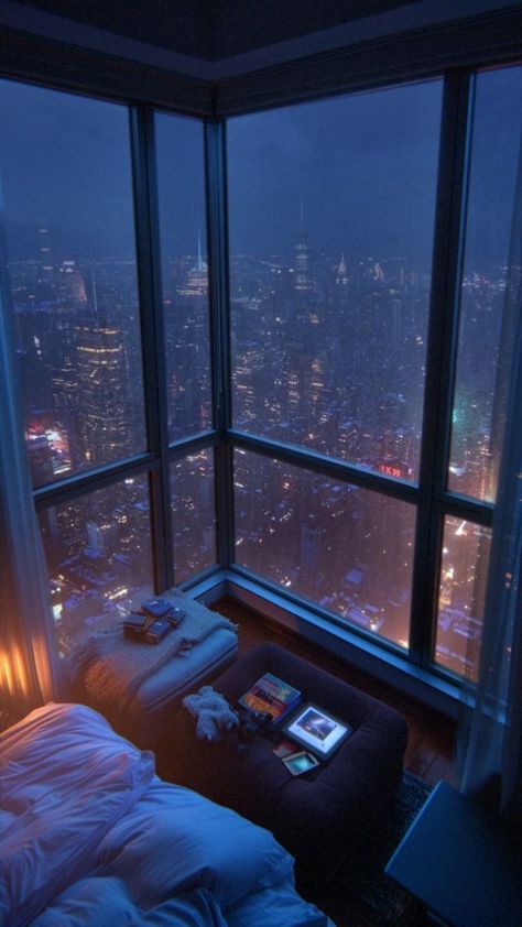 Dream Apartment Nyc Bedrooms, Living In Apartment Aesthetic, Skyline Apartment Aesthetic, Rainy Apartment Aesthetic, High Rise Apartment Bedroom, Nyc Apartment Aesthetic Night, Rainy Apartment, Nyc High Rise Apartment, Sky Rise Apartment