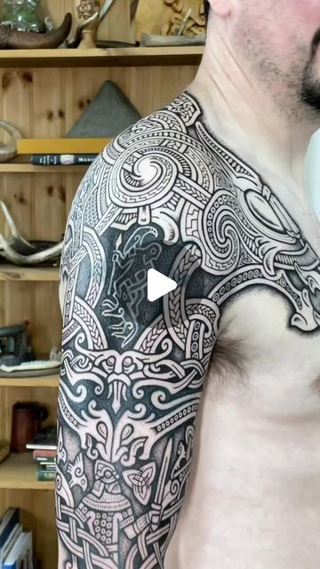 Sean Parry - Celtic & Nordic tattoos on Instagram: "Graeme’s Fenrir.  Alongside the gods and giants of Nordic lore, we see animals with intelligence equal to (and sometimes surpassing) their human counterparts.   Fenrir, one of Loki’s children, is not only cunning, he is a worthy opponent of Odin at Ragnarok. He also takes the sword hand of Tyr.  Beasts like Fenrir, Jormungandr, Sleipnir, Hugin and Munin, Gullinbursti (to name the most well-known) remind us that ancient peoples had a reverence and understanding for the animal kingdom, so much so they incorporated mythological creatures into the world of the gods.  Animals were considered worthy adversaries and allies, and according to these ancient stories, were not only respected, but were able to outwit and overpower humans (and gods). O Ragnarok Tattoo, Low Band, Knot Tattoo, Nordic Tattoo, Band Tattoo, Mythological Creatures, S Tattoo, White Ink, Loki