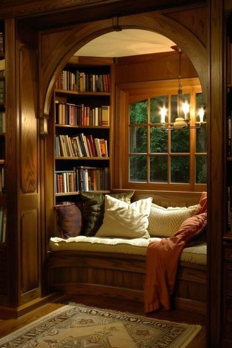 Book Nooks Cozy Home Libraries, Dream House Staircase, Reading Nook Window Seat, Reading Nook Window, Cozy Window Nook, Library Rooms, Reading Nook Ideas, Cozy Home Library, House Aesthetics