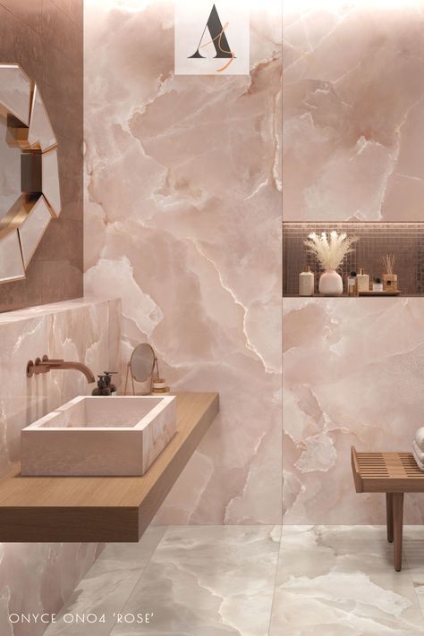 Add a touch of romantic elegance to your interiors with Onyce in 'Rose'—a soft, pale pink marble-effect tile that exudes luxury and charm. This exquisite shade features delicate veining that enhances its gentle blush tones, creating a refined and sophisticated look. Perfect for creating a serene, upscale ambiance in bathrooms, kitchens, or living spaces, the 'Rose' shade brings warmth and subtle color while maintaining a timeless appeal. Bathroom Marble, Blush Tones, Pink Bathroom, Marble Bathroom, Pink Marble, Marble Effect, Pale Pink, Stoneware, Bathrooms