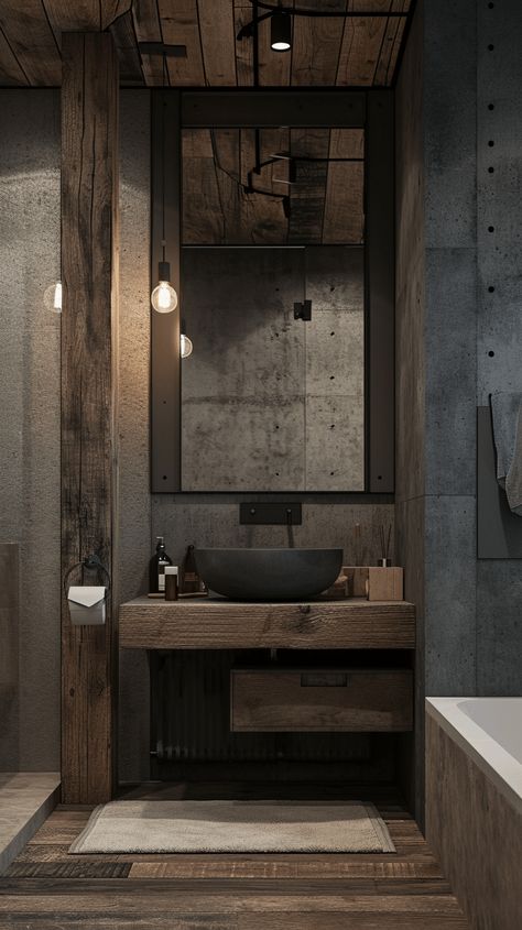 Minimal Industrial Interior, Bachelor Bathroom, Industrial Modern Bathroom, Loft Bathroom Ideas, Bad Inspo, Industrial Style Loft, Industrial Style Interior Design, Bathroom Industrial Chic, Accent Wall Bathroom