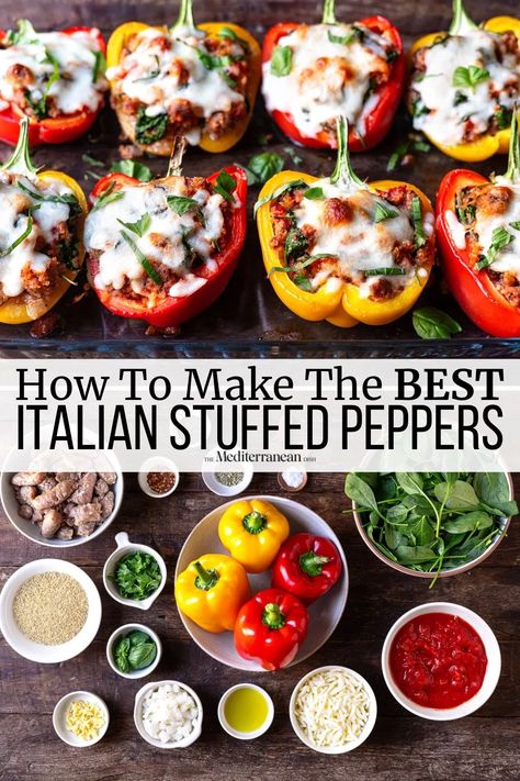 This Italian stuffed pepper recipe is loaded with sausage, spinach, tomatoes and bulgur. Stuffed peppers are a healthy and delicious weeknight dinner. Keto Italian Stuffed Peppers, Healthy Italian Stuffed Peppers, Spicy Sausage Stuffed Peppers, Italian Style Stuffed Peppers, Stuffed Peppers Recipe Turkey, Turkey Sausage Stuffed Peppers, Italian Stuffed Peppers Beef, Stuffed Peppers Recipe Sausage, Recipes For Stuffed Peppers