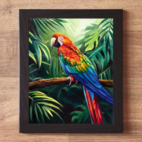 Transform your living space with this stunning original oil painting capturing the vibrant essence of a red parrot in its natural habitat. This jungle macaw portrait radiates with the lush colors of the tropics, meticulously crafted to bring the beauty of wildlife into your home. This small realistic artwork adds a touch of exotic elegance to a boho or coastal room. Macaw Parrot Painting, Parrot Painting, Realistic Oil Painting, Macaw Parrot, Square Canvas, Tropical Birds, Wildlife Animals, Animal Wall Art, Birds Painting