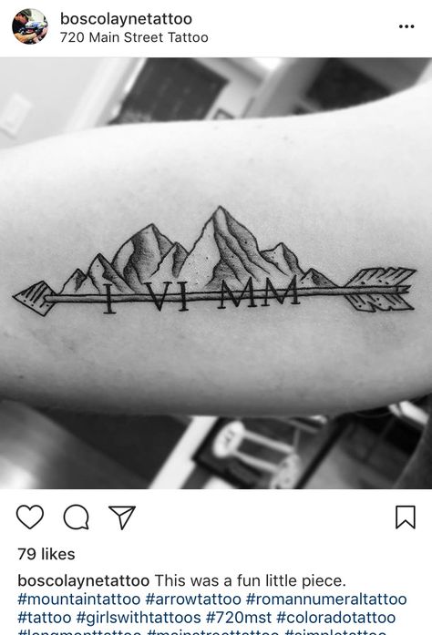 Mountain, arrow, date, tattoo Wedding Date Tattoo Arrow, Mountain Tattoo With Roman Numerals, Mountain And Arrow Tattoo, Arrow Mountain Tattoo, Mountain Arrow Tattoo, Couples Mountain Tattoo, Wedding Date Tattoo Ideas, Kid Tattoos, Wedding Date Tattoos