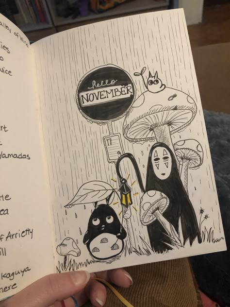 Studio Ghibli Bullet Journal, Indie Drawings, Art Journal Therapy, Bullet Journal Design Ideas, Sketchbook Art Journal, Bullet Journal Art, Journal Themes, Cute Doodles Drawings, Book Art Diy