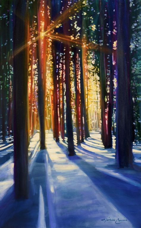 Night Forest Painting Acrylic, Michelle Courier, Comics Ideas, Abstract Tree Painting, Paintings Acrylic, Night Forest, Landscape Paintings Acrylic, Winter Sunset, Abstract Tree