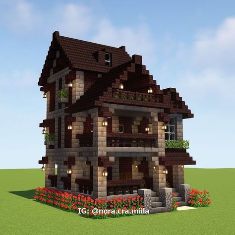 Minecraft Exterior House Ideas, Brown Minecraft House, Small Minecraft Town Ideas, Simple Mc House, Goth House Minecraft, Black Minecraft House, Minecraft Dark House, Dark Academia Minecraft House, Minecraft Dark Academia