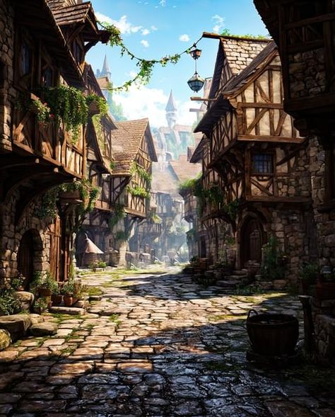 Dnd Town Art, Medieval Brothel, Abandoned Village Fantasy Art, Fantasy Village Art Medieval Town, Medieval Town Art, Medival Towns Cities, Medieval City Landscape, Medieval Town Background, Medieval Street