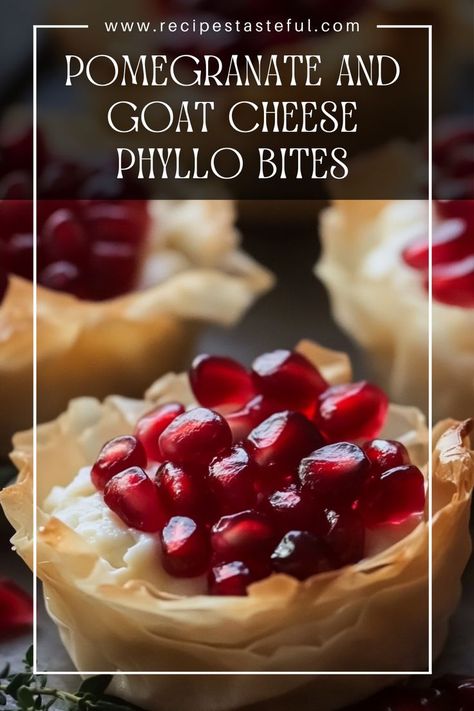 These Pomegranate and Goat Cheese Phyllo Bites are a deliciously elegant appetizer that combines creamy goat cheese with sweet pomegranate arils and fragrant thyme, all encased in crispy phyllo shells. Perfect for gatherings or special occasions, they are easy to make and sure to impress! Goat Cheese Phyllo, Phyllo Appetizers, Phyllo Bites, Phyllo Shells, Goat Cheese Appetizer, Pomegranate Recipes, Healthy Dessert Options, Creamy Goat Cheese, Creamy Pudding