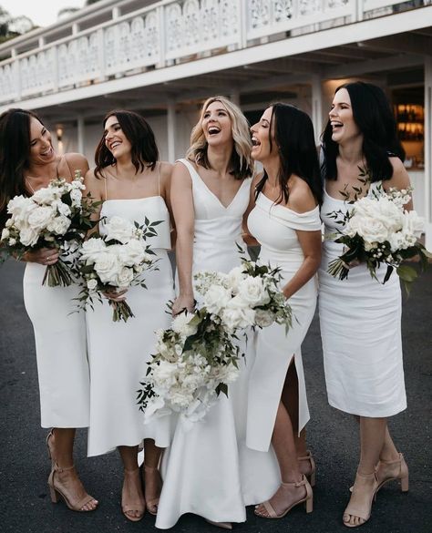 Bridesmaids in white is a wedding taboo of the past! We love a good tradition breaker ​ All White Bridal Party, White Bridal Party, Bridesmaid Inspiration, White Bridesmaid Dresses, Dc Super Hero Girls, Bridal Party Dresses, Bridesmaid Style, Bride Tribe, Elopement Inspiration