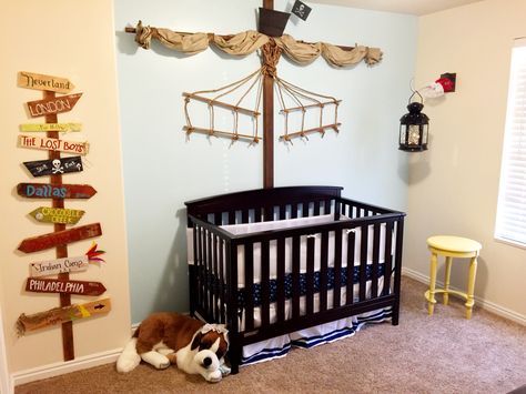 Baby's Neverland Nursery complete with Nana and Tinks lantern. Peter Pan, tink, baby Pirate Ship Bedroom, Peter Pan Bedroom, Pirate Nursery, Neverland Nursery, Baby Boy Room Themes, Boys Bedroom Themes, Peter Pan Nursery, Pirate Ships, Baby Boy Bedroom