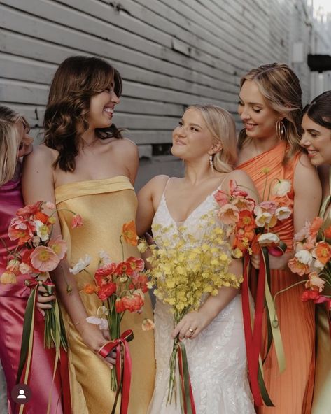 Mismatch Orange Bridesmaids, Bright Bold Bridesmaid Dresses, Colorful Flowers Bridesmaid, Pink Orange Green Bridesmaid Dresses, Bold Color Bridesmaid Dresses, Sunset Colour Bridesmaid Dresses, Pink Yellow Orange Bridesmaid Dresses, Pink Orange Yellow Bridesmaid Dresses, Bright Bridesmaids Dresses