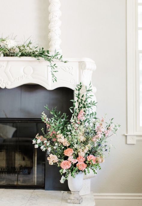 Large floral arrangement, fireplace mantel flowers, peachy roses, summertime color palette, spring flowers, Victorian home, modern Victorian, Mantel Floral Arrangements, Mantel Flowers, Color Palette Spring, Palette Spring, Wedding Fireplace, Suite Room, Large Floral Arrangements, Arrangement Ideas, Modern Victorian