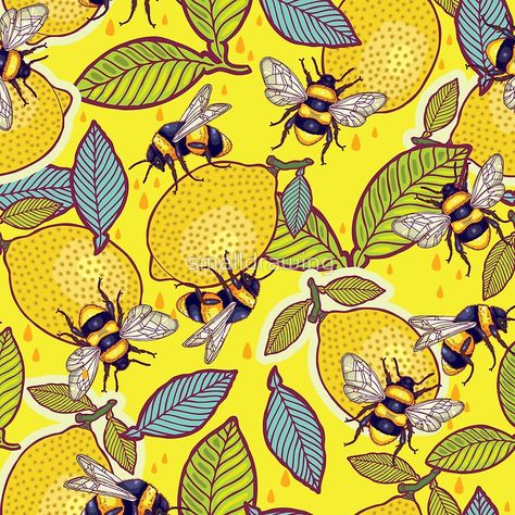 "Yellow lemon and bee garden." Photographic Prints by smalldrawing | Redbubble Yellow Nature, Bee Honey, Bee Garden, Bee Art, Natural Gold, Organic Cotton Knit Fabric, Bees Knees, Custom Printed Fabric, Minky Fabric