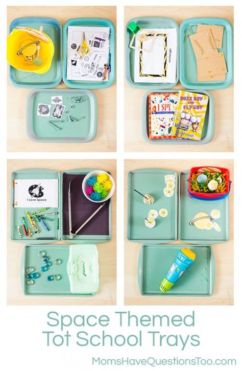 Space Themed Montessori Tot School Trays - Moms Have Questions Too Montessori Space, Space Lesson Plans, Tot Trays, Montessori Trays, Space Activities For Kids, Space Unit, Space Activities, Teaching Toddlers, Tot School