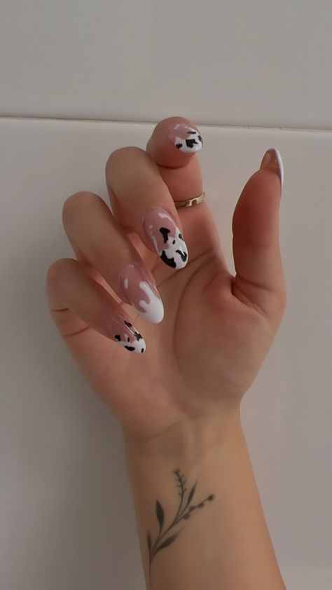 Moo Moo Nails, Almond Nails Pattern, Almond Shape Cow Print Nails, Cow Nails Almond Shape, Cowgirl Gel Nails, Cowprint Nail Design Almond, Cowboy Nail Designs, Cow Pink Nails, Cosmic Cowgirl Nails