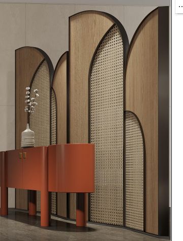 Arched Partition Wall, Wall Treatments Ideas, Arch Partition, Wooden Partition Design, Partition Cabinet, Wooden Partition, Resort Interior Design, Wall Partition Design, Wooden Partitions