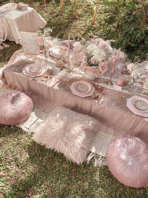 Radiant Garden Party Design Decorations Ideas Enchanted Garden Picnic, Teepee Tent Birthday Decorations, Fairy Garden Picnic Party, Pink Mushroom Decor, Pink Fairy Party, Tea Party In Garden, Fairy Garden Tea Party Aesthetic, Fairy Garden Bridal Shower Ideas, Baby Pink Birthday Decorations