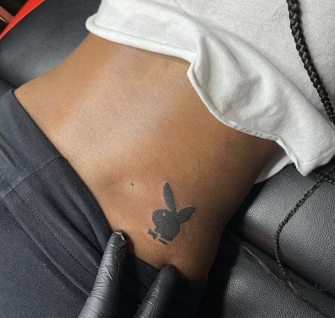 Playboy Bunny Tattoo Hip, Playboy Bunny Tattoo Design, Playboy Bunny Tattoo, Playboy Tattoo, Baddie Tats, Legacy Challenge, Bunny Tattoo, Waist Tattoos, Bunny Tattoos