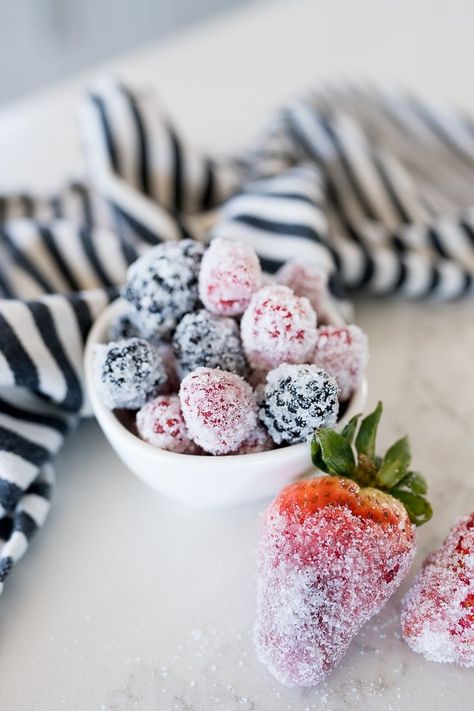 frosted or sugar coated strawberries, raspberries and blackberries Coated Strawberries, Mixed Berry Crisp, Sugared Berries, Sugared Fruit, Live Well Bake Often, Trifle Dessert Recipes, Cooking With Karli, Berry Crisp, Sugar Frosting