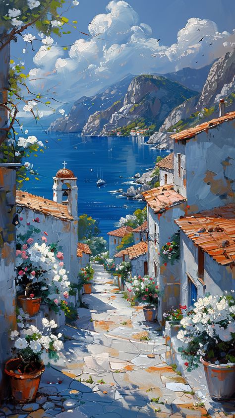 A Greece village with a long street and large panoramiс view - 12 wallpapers from Art section Beautiful Villages Nature, Greece Landscape Painting, Village Wallpaper, Greece Landscape, Sketch Beautiful, Ocean Art Painting, Greece Painting, Fanart Sketch, Drawing Love