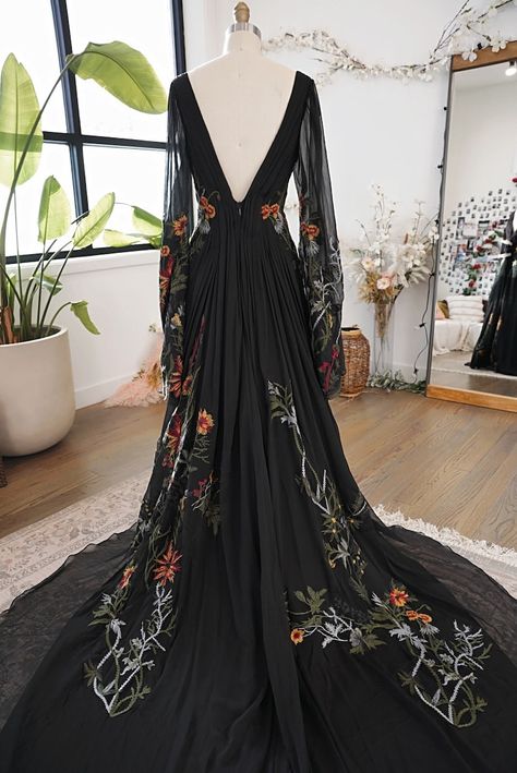 Witch Bridesmaid Dress, Black Wedding Dress With Shawl, Black Boho Wedding Dress Bohemian, Black Chiffon Wedding Dress, Witch Wedding Guest Dress, Black Sleeved Wedding Dress, Black Witchy Wedding Dress, Black Dress With Floral Embroidery, Boho Black Wedding Dress