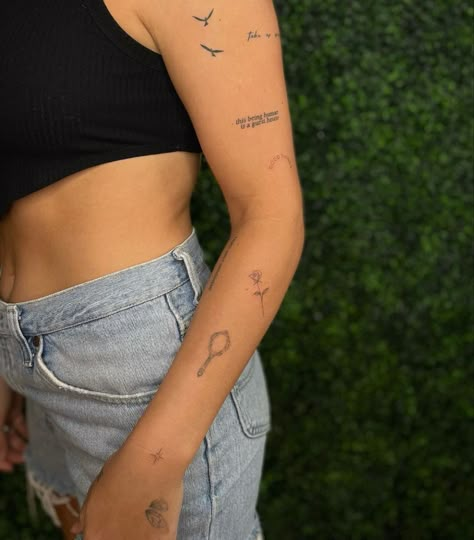 Tiny Tattoo Arm Sleeve, Liberation Tattoo Ideas, Song Inspired Tattoos, Small Tattoo On Arm, Stay Tattoo, Sentence Tattoo, Line Tattoo Arm, Dr Tattoo, Tattoo Placement Arm