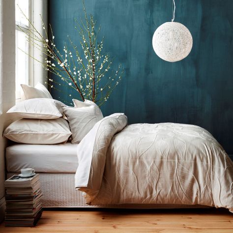 Teal Wall Paint | Domino Dark Teal Bedroom Ideas, Teal Bedroom Walls, Teal Painted Walls, Dark Teal Bedroom, Teal Bedroom Decor, Teal Accent Walls, Feature Wall Bedroom, Teal Bedroom, Teal Walls